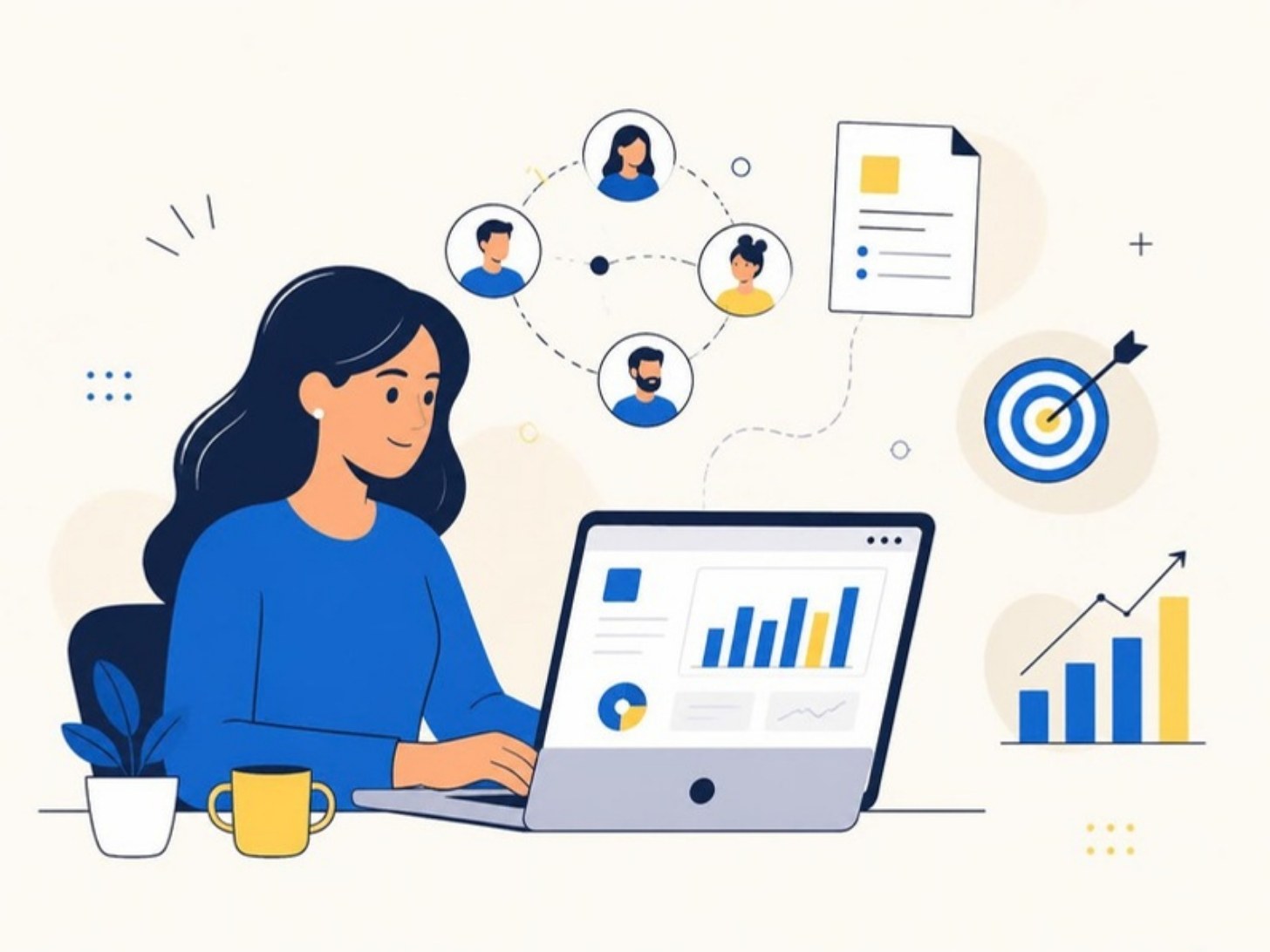 Illustration: a woman at a laptop with a campaign dashboard, surrounded by connected people, a target and a rising chart